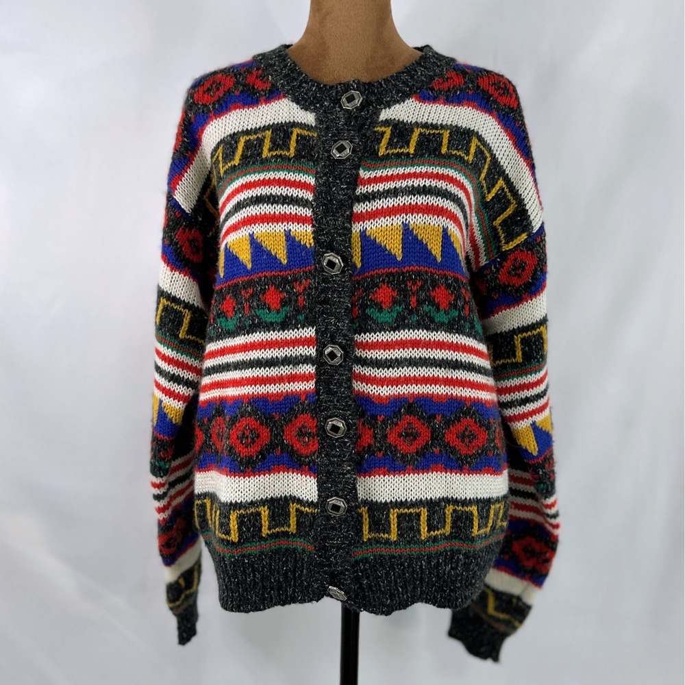 Lucia Cardigan Sweater Women Medium Multi Color Good Wool Blend Geometric Button